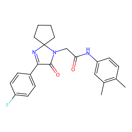 n-(3,4-dimethylphenyl)-2-[3-(4-fluorophenyl)-2-oxo-1,4-diazaspiro[4.4]non-3-en-1-yl]acetamide structure