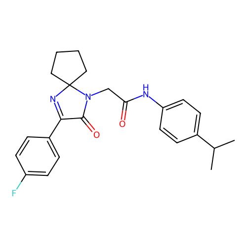 2-[3-(4-fluorophenyl)-2-oxo-1,4-diazaspiro[4.4]non-3-en-1-yl]-N-[4-(propan-2-yl)phenyl]acetamide structure