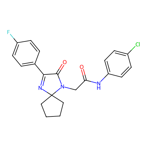 n-(4-chlorophenyl)-2-[3-(4-fluorophenyl)-2-oxo-1,4-diazaspiro[4.4]non-3-en-1-yl]acetamide structure