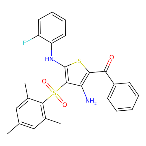 5-BENZOYL-N2-(2-FLUOROPHENYL)-3-(2,4,6-TRIMETHYLBENZENESULFONYL)THIOPHENE-2,4-DIAMINE structure