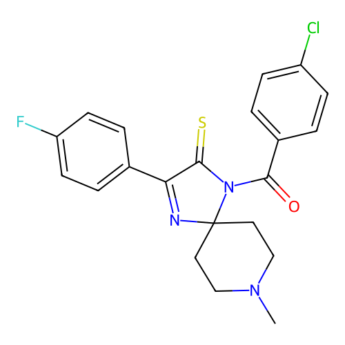 1-(4-chlorobenzoyl)-3-(4-fluorophenyl)-8-methyl-1,4,8-triazaspiro[4.5]dec-3-ene-2-thione structure