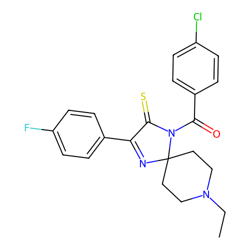 1-(4-chlorobenzoyl)-8-ethyl-3-(4-fluorophenyl)-1,4,8-triazaspiro[4.5]dec-3-ene-2-thione structure