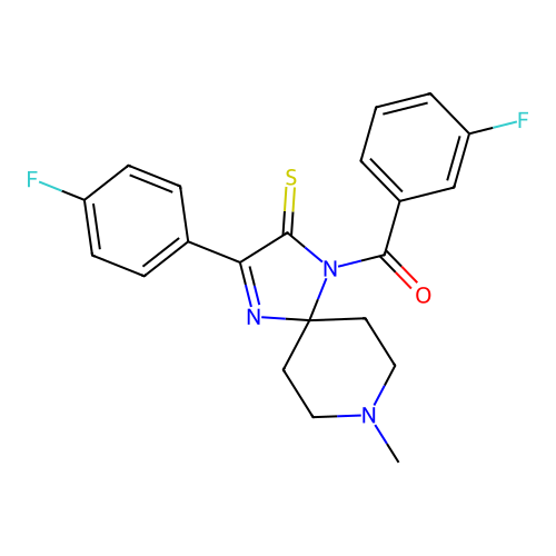 1-(3-fluorobenzoyl)-3-(4-fluorophenyl)-8-methyl-1,4,8-triazaspiro[4.5]dec-3-ene-2-thione structure