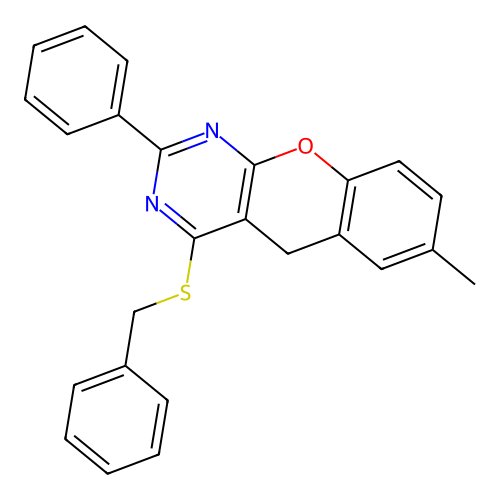 4-benzylsulfanyl-7-methyl-2-phenyl-5H-chromeno[2,3-d]pyrimidine structure