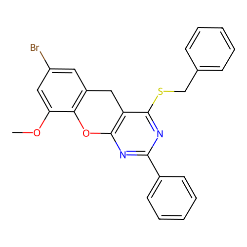 4-benzylsulfanyl-7-bromo-9-methoxy-2-phenyl-5H-chromeno[2,3-d]pyrimidine structure