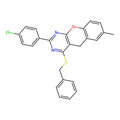 4-(benzylsulfanyl)-2-(4-chlorophenyl)-7-methyl-5H-chromeno[2,3-d]pyrimidine structure