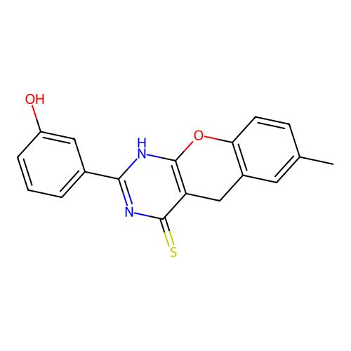 2-(3-hydroxyphenyl)-7-methyl-3H-chromeno[2,3-d]pyrimidine-4(5H)-thione structure