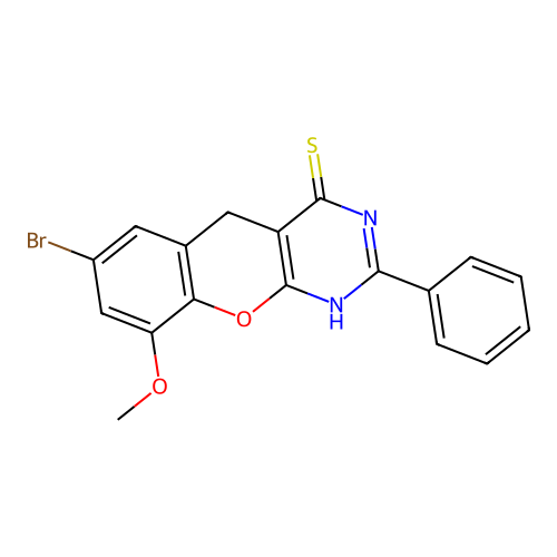 7-bromo-9-methoxy-2-phenyl-3H-chromeno[2,3-d]pyrimidine-4(5H)-thione structure