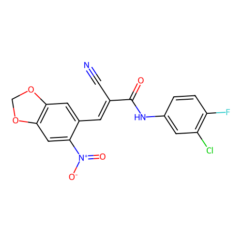 N-(3-chloro-4-fluorophenyl)-2-cyano-3-(6-nitro-1,3-dioxaindan-5-yl)prop-2-enamide structure