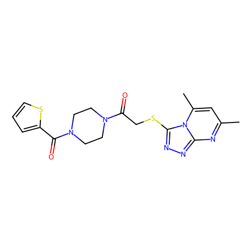 2-({5,7-dimethyl-[1,2,4]triazolo[4,3-a]pyrimidin-3-yl}sulfanyl)-1-[4-(thiophene-2-carbonyl)piperazin-1-yl]ethan-1-one structure