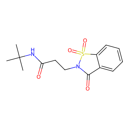 N-tert-butyl-3-(1,1,3-trioxo-1,2-benzothiazol-2-yl)propanamide structure