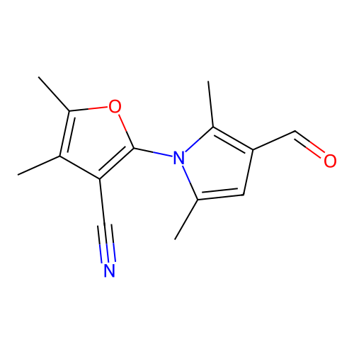 2-(3-formyl-2,5-dimethyl-1H-pyrrol-1-yl)-4,5-dimethylfuran-3-carbonitrile structure