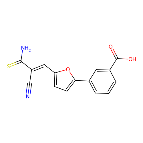 3-{5-[(1E)-3-amino-2-cyano-3-thioxoprop-1-en-1-yl]furan-2-yl}benzoic acid structure