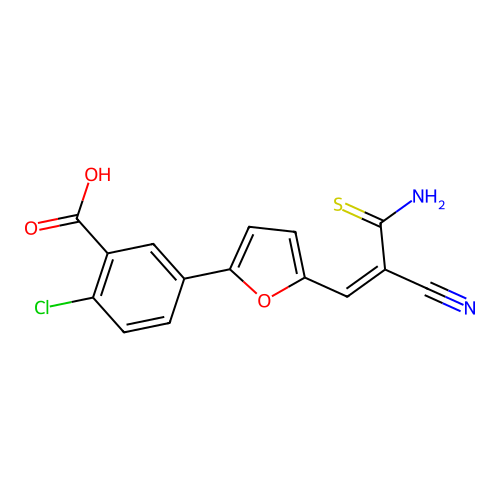 5-{5-[(1Z)-3-amino-2-cyano-3-thioxoprop-1-en-1-yl]furan-2-yl}-2-chlorobenzoic acid structure