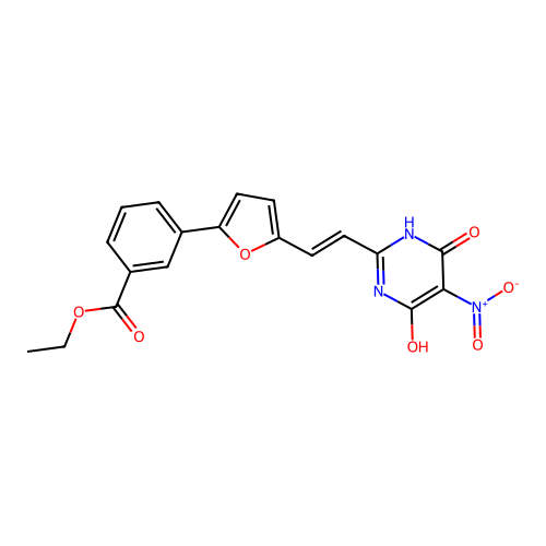 ethyl 3-{5-[(E)-2-(4-hydroxy-5-nitro-6-oxo-1,6-dihydropyrimidin-2-yl)ethenyl]furan-2-yl}benzoate structure
