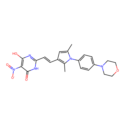 (E)-2-(2-(2,5-dimethyl-1-(4-morpholinophenyl)-1H-pyrrol-3-yl)vinyl)-6-hydroxy-5-nitropyrimidin-4(3H)-one structure