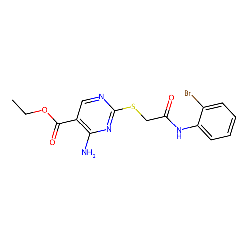 ethyl 4-amino-2-({2-[(2-bromophenyl)amino]-2-oxoethyl}sulfanyl)pyrimidine-5-carboxylate structure