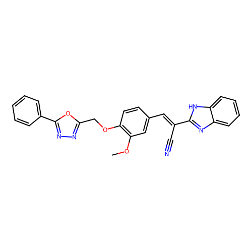 (2E)-2-(1H-benzimidazol-2-yl)-3-{3-methoxy-4-[(5-phenyl-1,3,4-oxadiazol-2-yl)methoxy]phenyl}prop-2-enenitrile structure