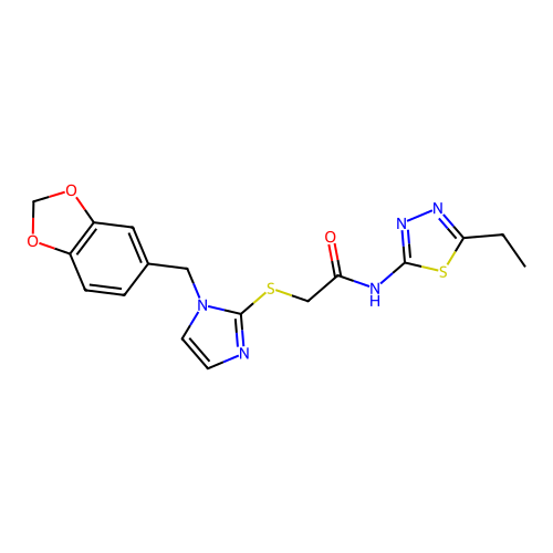 2-({1-[(2H-1,3-benzodioxol-5-yl)methyl]-1H-imidazol-2-yl}sulfanyl)-N-(5-ethyl-1,3,4-thiadiazol-2-yl)acetamide structure