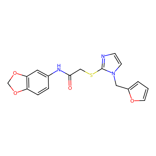 N-(1,3-benzodioxol-5-yl)-2-[1-(furan-2-ylmethyl)imidazol-2-yl]sulfanylacetamide structure