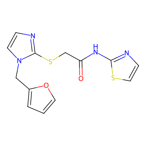 2-((1-(furan-2-ylmethyl)-1H-imidazol-2-yl)thio)-N-(thiazol-2-yl)acetamide structure