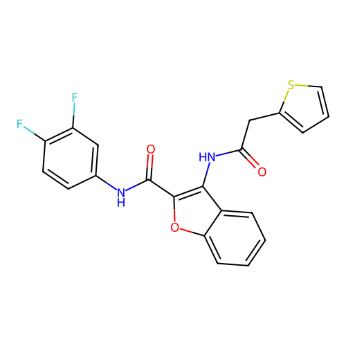 N-(3,4-difluorophenyl)-3-(2-(thiophen-2-yl)acetamido)benzofuran-2-carboxamide structure