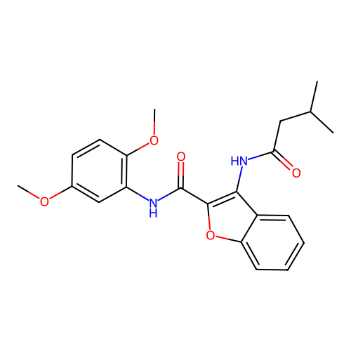 N-(2,5-dimethoxyphenyl)-3-(3-methylbutanamido)benzofuran-2-carboxamide structure