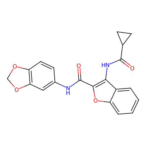 N-(benzo[d][1,3]dioxol-5-yl)-3-(cyclopropanecarboxamido)benzofuran-2-carboxamide structure