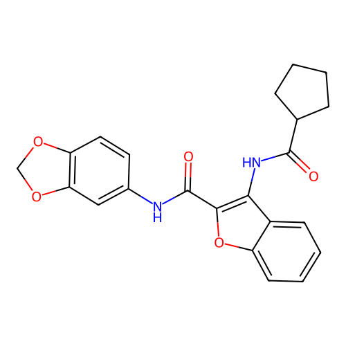 N-(benzo[d][1,3]dioxol-5-yl)-3-(cyclopentanecarboxamido)benzofuran-2-carboxamide structure