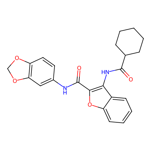 N-(benzo[d][1,3]dioxol-5-yl)-3-(cyclohexanecarboxamido)benzofuran-2-carboxamide structure