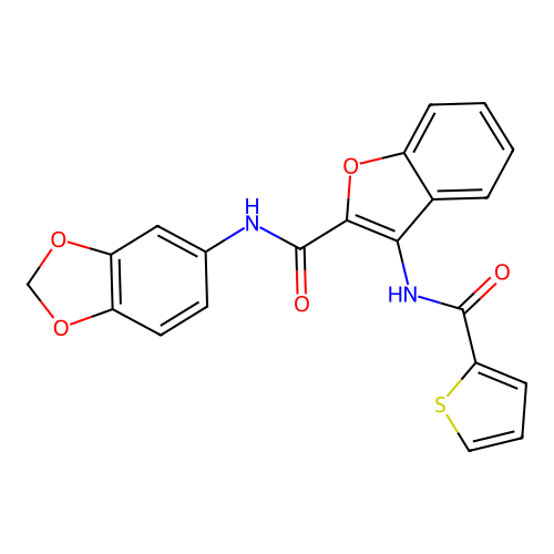 N-(benzo[d][1,3]dioxol-5-yl)-3-(thiophene-2-carboxamido)benzofuran-2-carboxamide structure