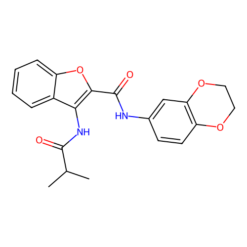 N-(2,3-dihydrobenzo[b][1,4]dioxin-6-yl)-3-isobutyramidobenzofuran-2-carboxamide structure