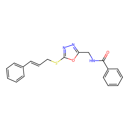 (E)-N-((5-(cinnamylthio)-1,3,4-oxadiazol-2-yl)methyl)benzamide structure