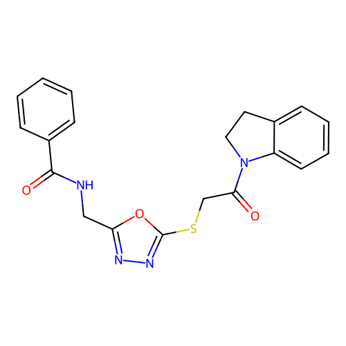 N-((5-((2-(indolin-1-yl)-2-oxoethyl)thio)-1,3,4-oxadiazol-2-yl)methyl)benzamide structure