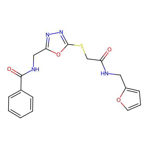 N-((5-((2-((furan-2-ylmethyl)amino)-2-oxoethyl)thio)-1,3,4-oxadiazol-2-yl)methyl)benzamide structure