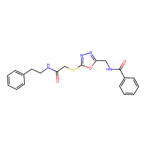 N-{[5-({[(2-phenylethyl)carbamoyl]methyl}sulfanyl)-1,3,4-oxadiazol-2-yl]methyl}benzamide structure