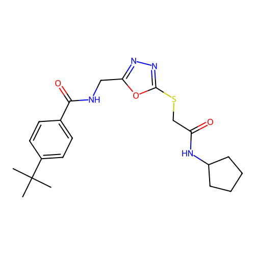 4-tert-butyl-N-[[5-[2-(cyclopentylamino)-2-oxoethyl]sulfanyl-1,3,4-oxadiazol-2-yl]methyl]benzamide structure