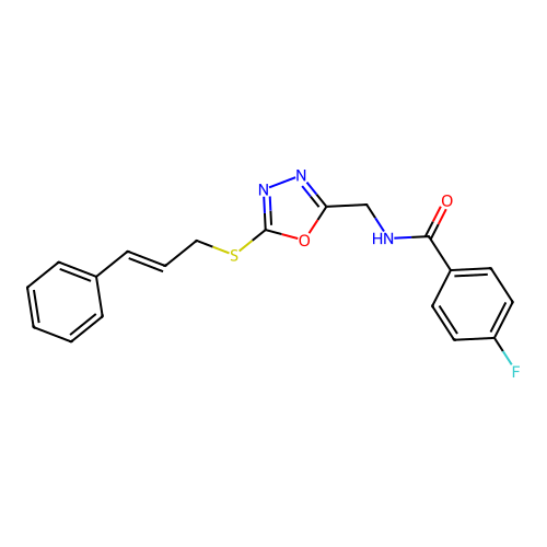 (E)-N-((5-(cinnamylthio)-1,3,4-oxadiazol-2-yl)methyl)-4-fluorobenzamide structure