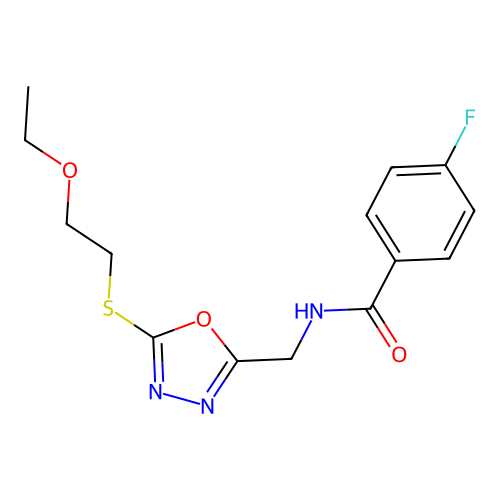N-[[5-(2-ethoxyethylsulfanyl)-1,3,4-oxadiazol-2-yl]methyl]-4-fluorobenzamide structure