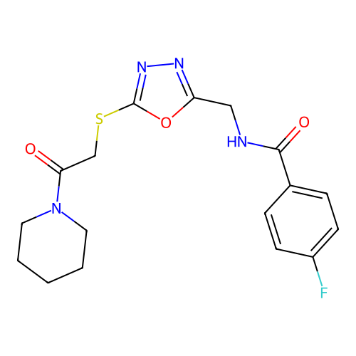 4-fluoro-N-[(5-{[2-oxo-2-(piperidin-1-yl)ethyl]sulfanyl}-1,3,4-oxadiazol-2-yl)methyl]benzamide structure