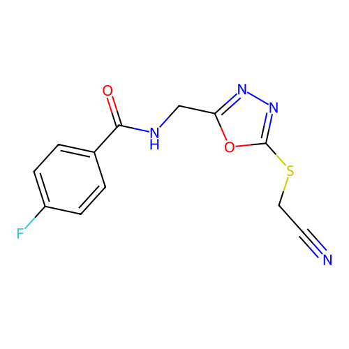 N-((5-((cyanomethyl)thio)-1,3,4-oxadiazol-2-yl)methyl)-4-fluorobenzamide structure