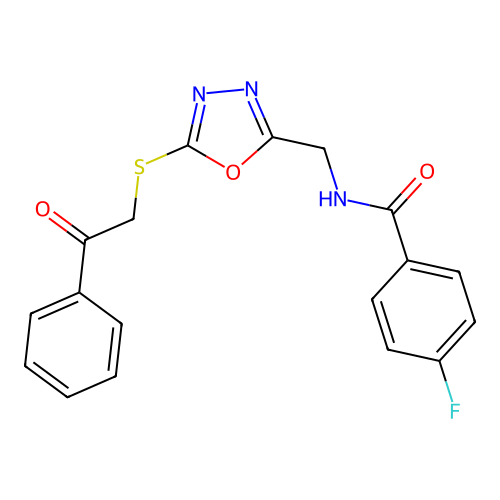 4-fluoro-N-[(5-phenacylsulfanyl-1,3,4-oxadiazol-2-yl)methyl]benzamide structure