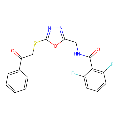 2,6-difluoro-N-[(5-phenacylsulfanyl-1,3,4-oxadiazol-2-yl)methyl]benzamide structure