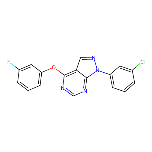 1-(3-chlorophenyl)-4-(3-fluorophenoxy)-1H-pyrazolo[3,4-d]pyrimidine structure