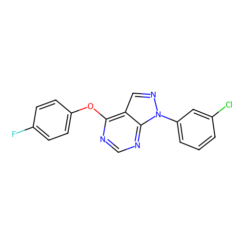 1-(3-chlorophenyl)-4-(4-fluorophenoxy)-1H-pyrazolo[3,4-d]pyrimidine structure
