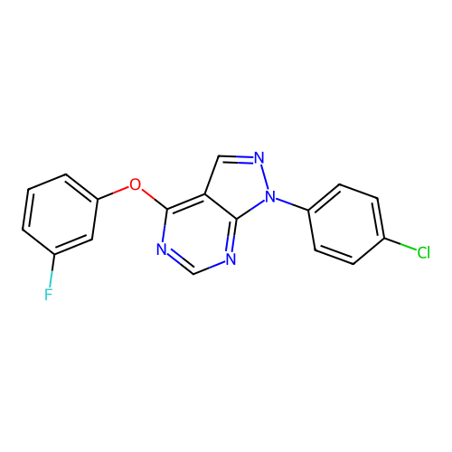 1-(4-chlorophenyl)-4-(3-fluorophenoxy)-1H-pyrazolo[3,4-d]pyrimidine structure