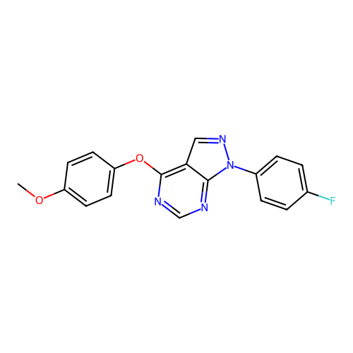 1-(4-fluorophenyl)-4-(4-methoxyphenoxy)-1H-pyrazolo[3,4-d]pyrimidine structure