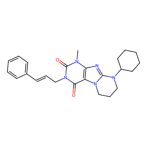 3-cinnamyl-9-cyclohexyl-1-methyl-6,7,8,9-tetrahydropyrimido[2,1-f]purine-2,4(1H,3H)-dione structure