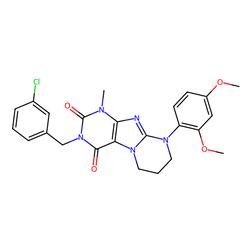 3-(3-chlorobenzyl)-9-(2,4-dimethoxyphenyl)-1-methyl-6,7,8,9-tetrahydropyrimido[2,1-f]purine-2,4(1H,3H)-dione structure