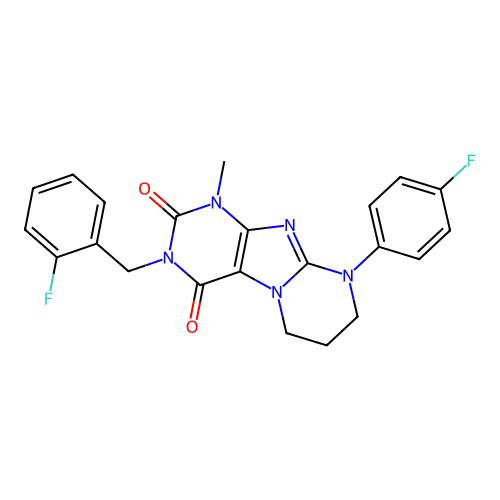 3-(2-fluorobenzyl)-9-(4-fluorophenyl)-1-methyl-6,7,8,9-tetrahydropyrimido[2,1-f]purine-2,4(1H,3H)-dione structure